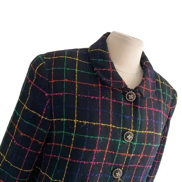 VINTAGE Plaid Cropped Jacket Womens Sz 14 Multicolor Kristinn Steinarr Wool - Picture 2 of 6
